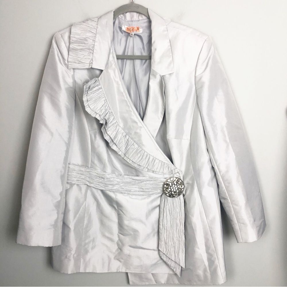 EMILY | Silver Embellished Buckle Wrap Jacket Ruffle Detail Women’s Size 16W
